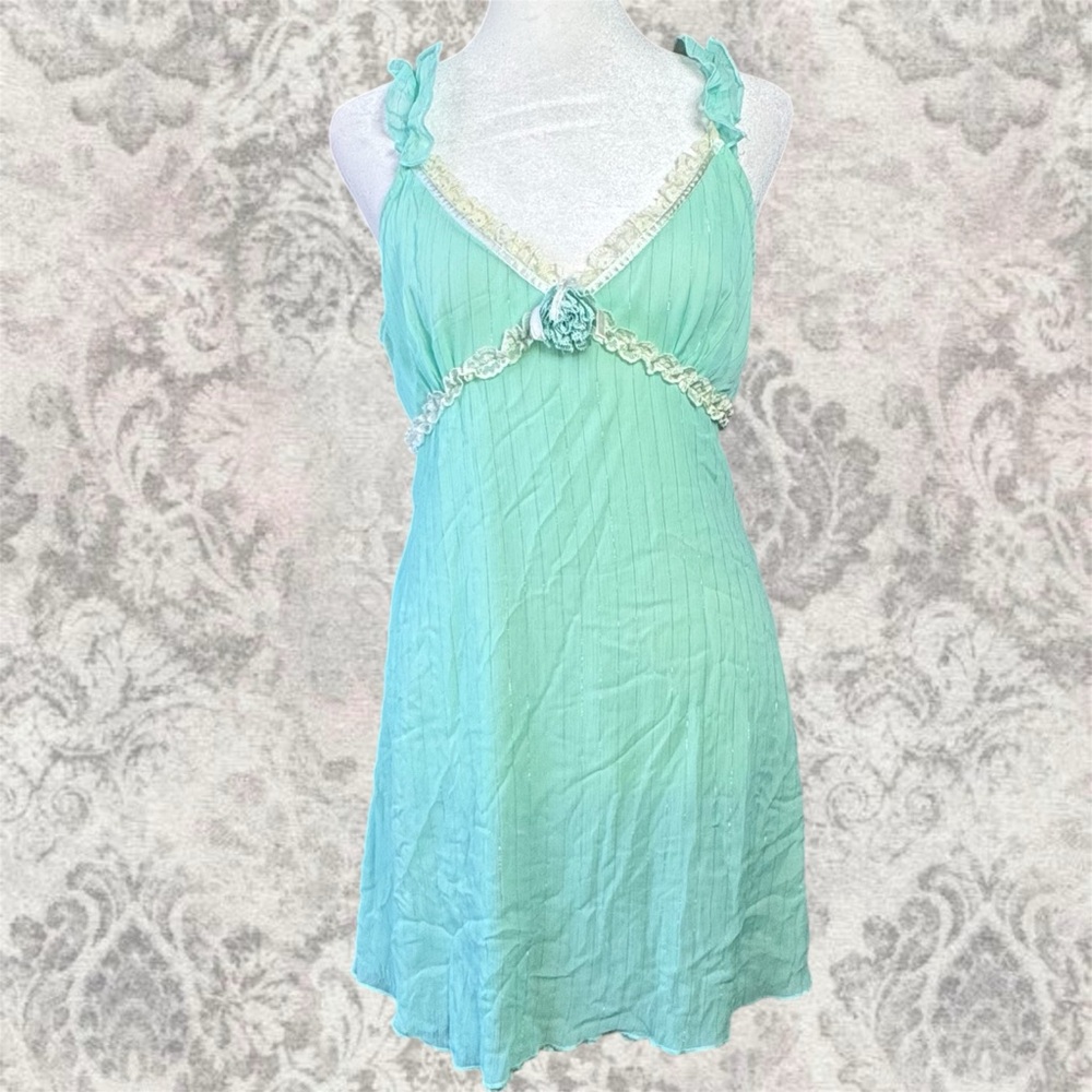 Mint Green Y2K Summer Rose Mini Women’s Medium Slip Dress with Lace Details